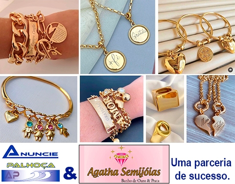 Portal de anúncios Anuncie Palhoça, link para página Agatha Semijóias Banho de Ouro e Prata.
